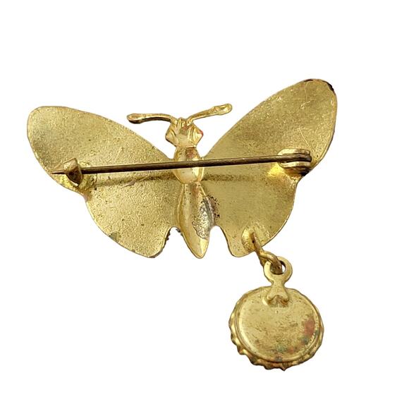 Vintage Butterfly Brooch Pin with Religious Dangling Medallion Charm 1.5" RARE - Picture 11 of 13